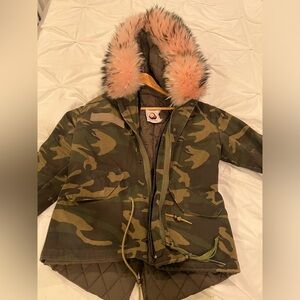 Custom fur army coat with pink fur trim